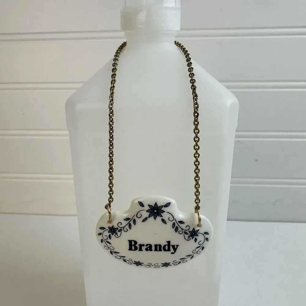 Vintage White Blue Floral Bone China Brandy Bottle Decanter Tag Marker England